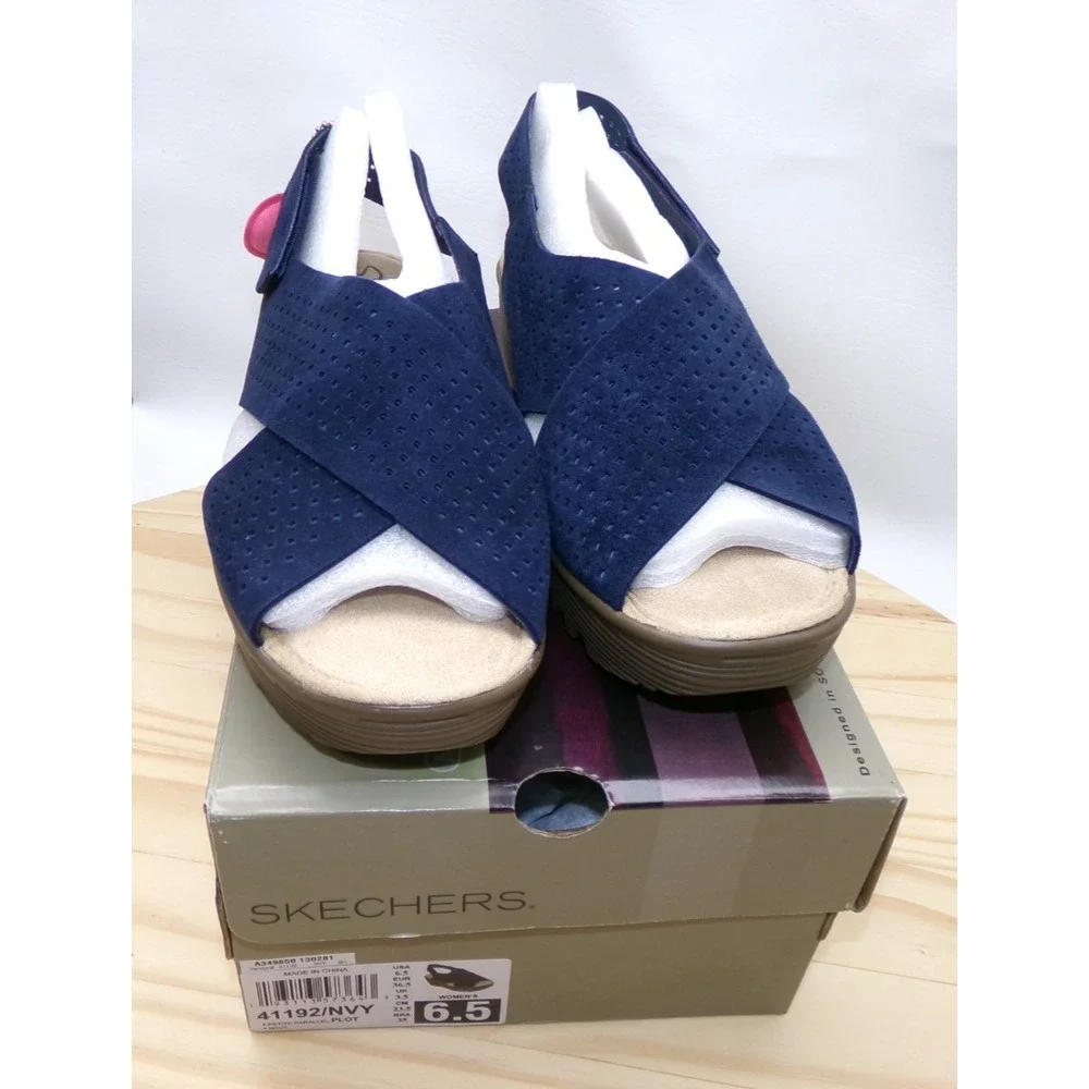 Skechers Petite Parallel Wedge Sandals Womens Navy Blue Size 6.5 Slingback NEW